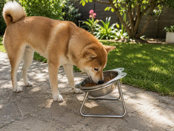 A Shiba eating from the Eversill bowl outside
