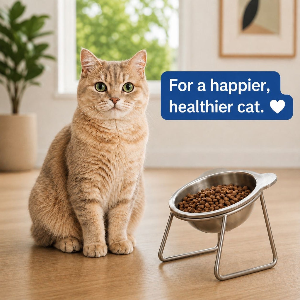A cat beside the Eversill bowl, for a happier, healthier cat