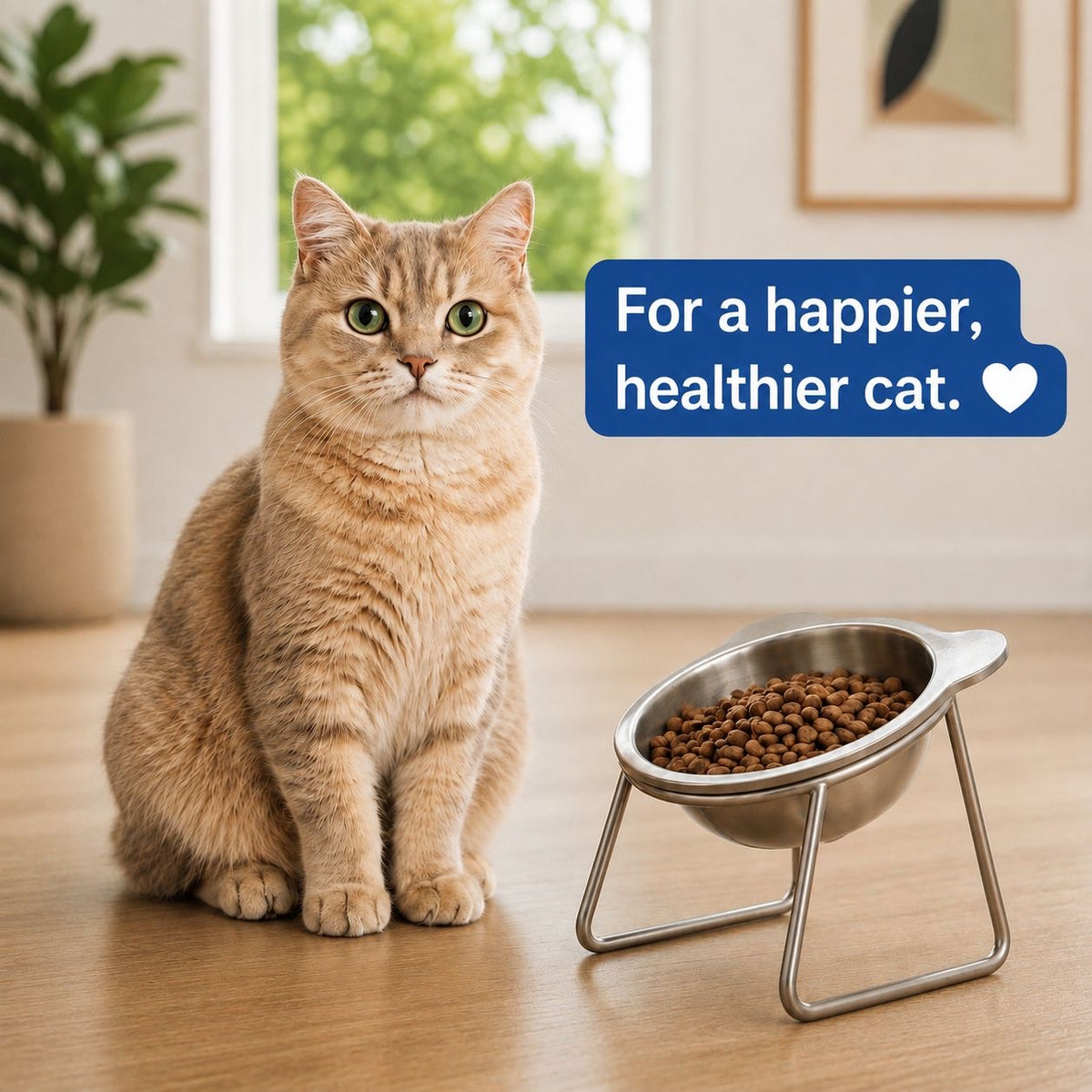 A cat beside the Eversill bowl, for a happier, healthier cat
