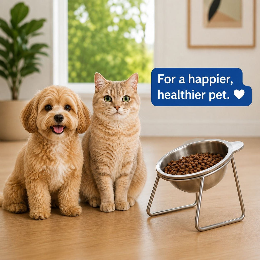 A dog and a cat beside the Eversill orthopedic feeding bowl
