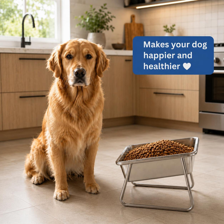A golden retriever beside the Eversill orthopedic feeding bowl, medium