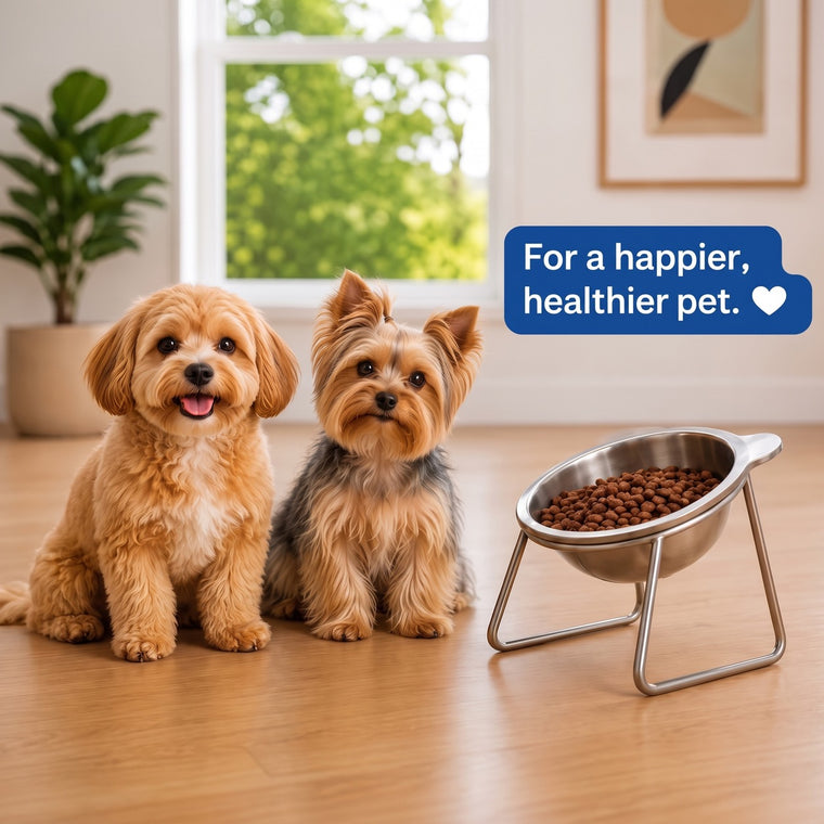Two small dogs beside the Eversill orthopedic feeding bowl
