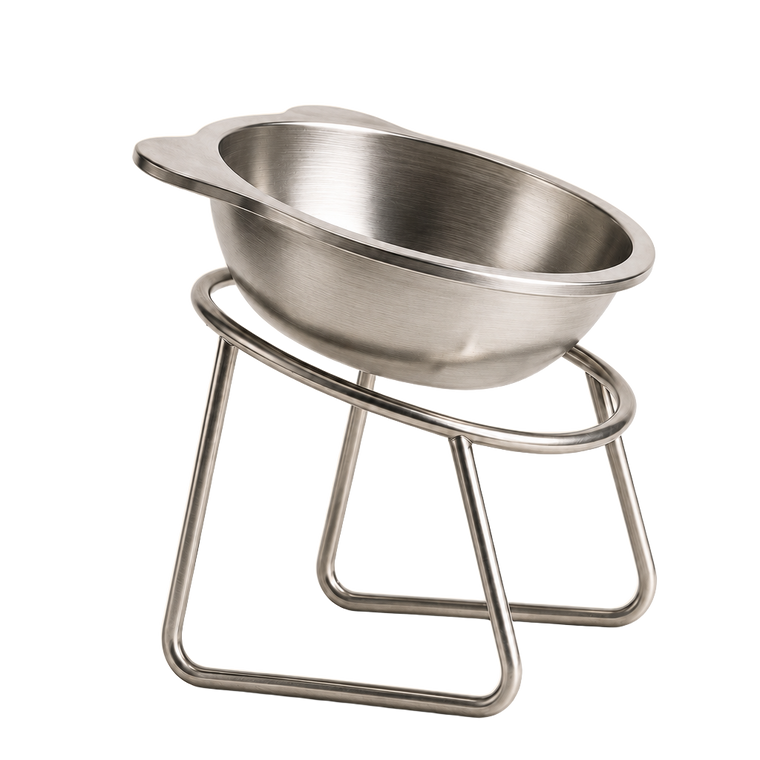 The Eversill orthopedic feeding bowl, tilted 15 degrees on its stand